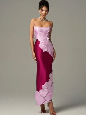 Darling Color Mix Taffeta Asymmetric Heart Detail Maxi Dress in Purple & Pink